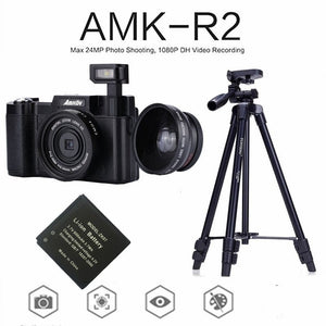 AMKOV AMK-R2 24MP 1080P Digital SLR Camera + Wide-angle Lens Camcorder DVR A26B + Extra Battery + VCT-520 Tripod Photo Trap