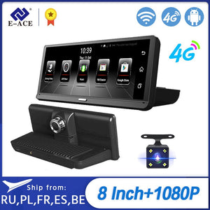 E-ACE Car DVR Camera 8 Inch Video Recorder 4G Android Full HD 1080P GPS Navigator ADAS Dash Cam Auto Registrar Dual Lens DVRs